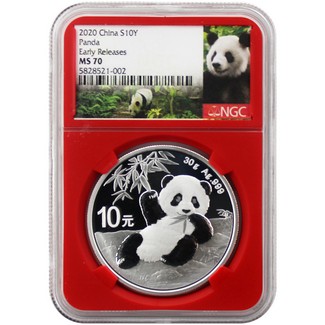 2020 Silver China Panda NGC MS70 Early Releases Red Core Panda Label