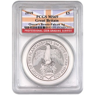 2019 GB Queen's Beasts ‘Falcon' 2oz Silver. PCGS MS69 Flag Label