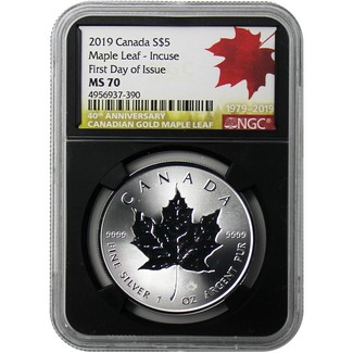 2019 Canada Maple Leaf Incuse Silver $5 (1 oz) NGC MS70 FDI Black Core