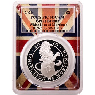 2020 GB Queen's Beasts ‘White Lion of Mortimer' 1oz Silver Proof PCGS PR70 DCAM Flag Picture Frame