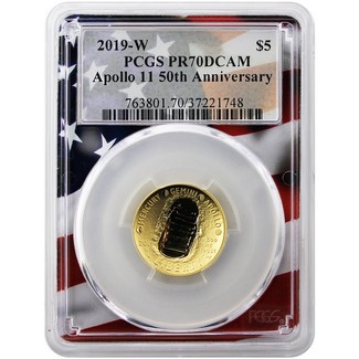 2019 W $5 Gold Apollo 11 50th Ann PCGS PR70 DCAM Flag Picture Frame (POP=18)