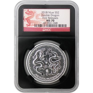 2018 $2 Niue 1oz Silver Double Dragon NGC MS70 First Releases Black Core Dragon Label