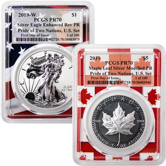 2019 Pride of Two Nations 2-Coin Set PCGS 70 FDI Flag Picture Frames 1 of 100