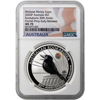 2020 P $1 Australia Kookaburra 30th Ann. NGC MS70 ER Brisbane Expo ANDA Special w/Floral Privy Mark