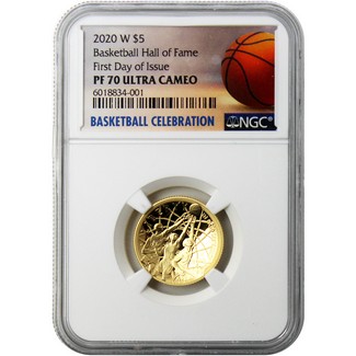 2020 W $5 Proof Gold Basketball Hall of Fame NGC PF70 UC FDI Basketball Celebration Label