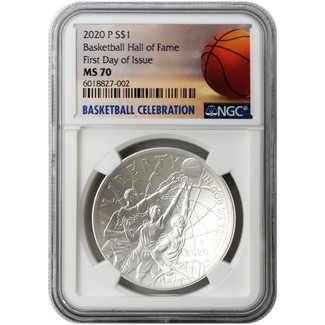 2020 P $1 UNC Silver Basketball Hall of Fame NGC MS70 FDI Basketball Celebration Label