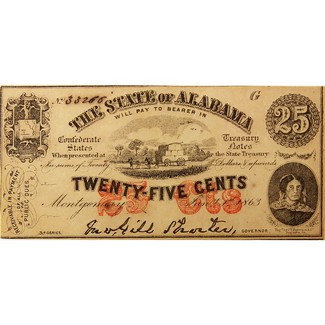 1863 The State of Alabama 25 cents Obsolete Fractional Note AU-CU