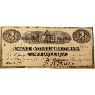 1863 The State of North Carolina $2 Obsolete Note AU-CU