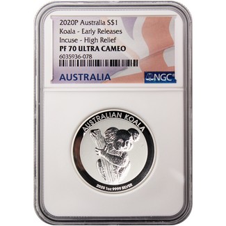 2020P $1 Australia Koala Silver 1 oz Incuse High Relief NGC PF70 UC ER Flag Label