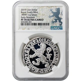 2019 Royal Dutch Mint Re-Strike Lion Dollar 1 oz. .9999 Silver NGC PF70 UC Early Release