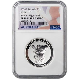 2020 P $1 Australia Koala Silver 1 oz Incuse High Relief NGC PF70 Ultra Cameo Flag Label