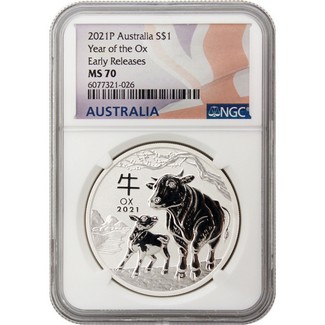 2021 P $1 Australia Year of the Ox NGC MS70 Early Releases Flag Label