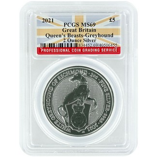 2021 GB Queen's Beasts Greyhound  Silver 2 oz. PCGS MS69 Flag Label