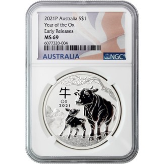 2021 P $1 Australia Year of the Ox NGC MS69 Early Releases Flag Label
