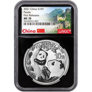 2021 China Panda Silver 30 gram NGC MS70 FR Black Core Great Wall of China Label