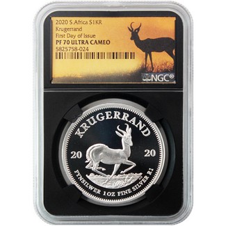 2020 South Africa 1 oz Silver Krugerrand Proof R1 Coin NGC PF70 UC First Day Issue Black Core