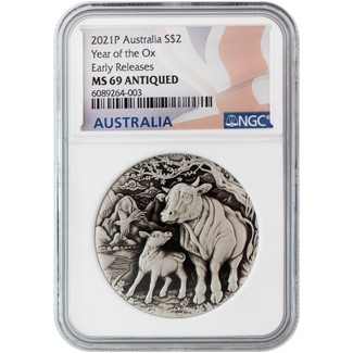 2021 P $2 Australia 2oz. Silver Year of the Ox NGC MS69 Antiqued Early Releases