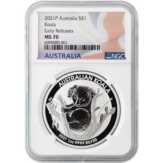 2021 P $1 Australia 1 oz Silver Koala NGC MS70 Early Releases Flag Label