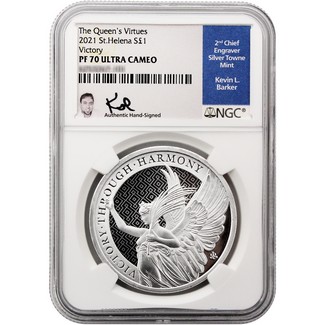 2021 £1 St. Helena Silver The Queen's Virtues "Victory" NGC PF70 UC Signed by Kevin Barker