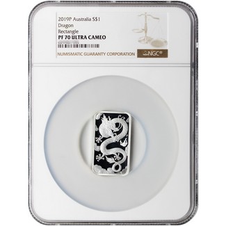 2019 P $1 Australian Dragon Rectangle Silver 1oz NGC PF70 Ultra Cameo Brown Label