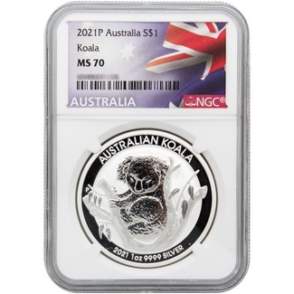 2021 P $1 Australia 1 oz Silver Koala NGC MS70 Flag Label