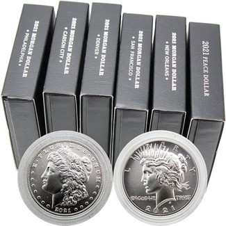 2021 Morgan & Peace Silver Dollar 6 Coin Set OGP