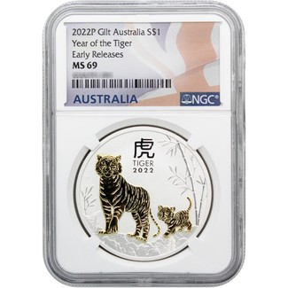 2022 P $1 Australia Year of the Tiger Silver Gilded Coin NGC MS69 ER Flag Label