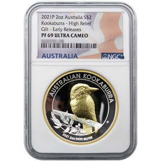 2021 P 2oz $2 Australia Silver Kookaburra NGC PF69 UC Early Releases High Relief-Gilt