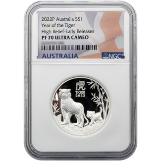 2022 P $1 Australia Silver High Relief Year of the Tiger NGC PF70 UC Early Releases Flag Label