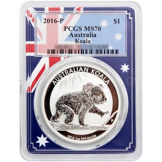 2016 P $1 Australia Silver 1 oz Koala PCGS MS70 Flag Picture Frame POP=34