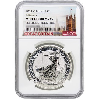 2021 £2 Great Britain Silver Britannia NGC Mint Error MS69 Reverse Struck Thru Great Britain Label