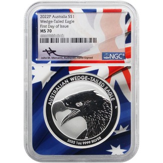 2022P Australian 1oz Silver Wedge Tailed Eagle NGC MS70 FDI Mercanti Signed Flag Core