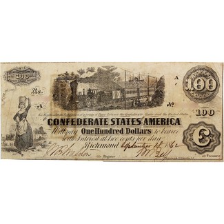 1862 $100 Confederate Note 'Railroad Train' Very Good to Fine Condition