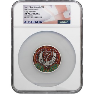 2022 P $2 Australia 2oz Silver Colorized Black Swan Maali NGC MS70 ANTIQUED ER Flag Label