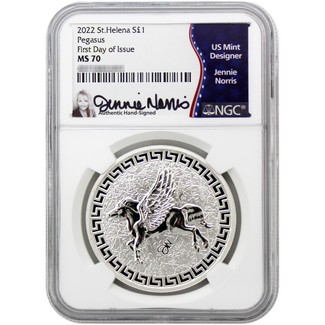 2022 £1 St. Helena Silver Pegasus NGC MS70 First Day Issue Jennie Norris Signed