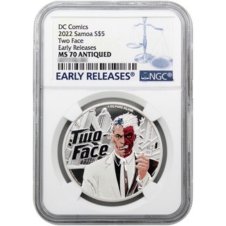 2022 $5 Samoa Silver Antiqued Proof-Like & Colorized Two-Face Coin NGC MS70 ANTIQUED ER Blue Label