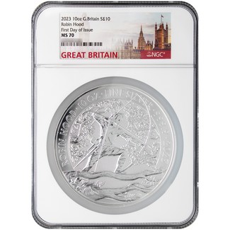 2023 £10 Great Britain 10oz Silver Robin Hood NGC MS70 First Day Issue Great Britain Label