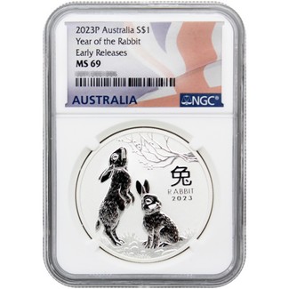 2023 Perth Mint Year of the Rabbit 1 Oz Silver Coin NGC MS69 ER Australian Flag Label