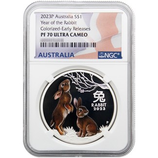 2023 Australian Lunar Series Year of the Rabbit 1oz Colorized Silver Proof NGC PF70 UC ER Flag Label