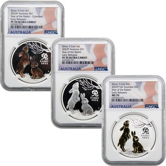 2023 P Australia Year of the Rabbit Silver PF Color PF & Gilt UNC 3 Coin Set NGC 70 ER Flag Labels