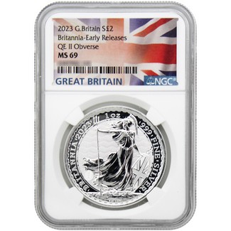 2023 Great Britain £2 Silver Britannia NGC MS69 Early Releases Great Britain Flag Label
