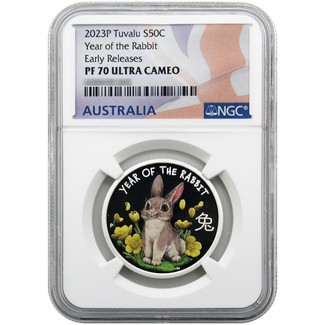 2023 P 50c Tuvalu 1/2oz Silver-Colorized Year of the Rabbit NGC PF70 Ultra Cameo ER Flag Label