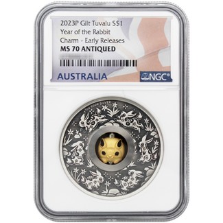 2023 Australia 1oz Silver Antiqued Year of the Rabbit Rotating Charm NGC MS70 ER Flag Label