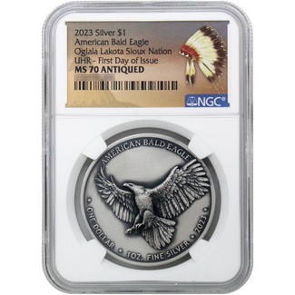 2023 $1 Silver American Bald Eagle Lakota Sioux Nation UHR NGC MS70 Antiqued First Day Issue NAL