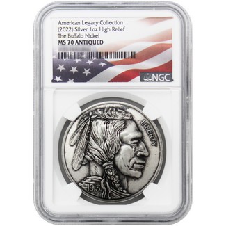 American Legacy Collection (2022) Silver 1oz HR "The Buffalo Nickel" NGC MS70 Antiqued Flag Label