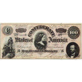 1864 $100 Confederate Note Crisp Uncirculated Condition
