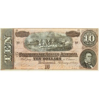 1864 $10 Confederate Note Low Serial Number 100-200 Crisp Uncirculated Condition