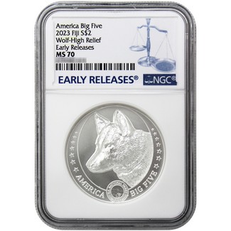 2023 Fiji 1 oz Silver American Big 5 "Wolf" High Relief NGC MS70 Early Releases Blue Label