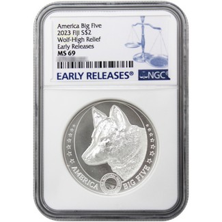 2023 Fiji 1 oz Silver American Big 5 "Wolf" High Relief NGC MS69 Early Releases Blue Label