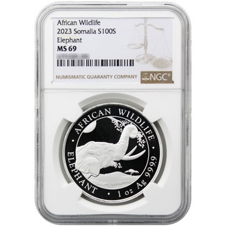 2023 Somalia 100 Shillings 1 oz. Silver Elephant Coin NGC MS69 Brown Label